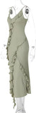 Elegant green V-neck A-line spaghetti strap ruffled chiffon bridesmaid dress evening gown HZ1024