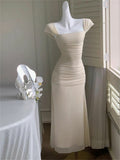 Elegant Light Yellow Mermaid Short Sleeve Chiffon Ankle-Length Dress Ball Gown HZ1024