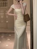 Elegant Light Yellow Mermaid Short Sleeve Chiffon Ankle-Length Dress Ball Gown HZ1024