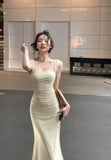 Elegant Light Yellow Mermaid Short Sleeve Chiffon Ankle-Length Dress Ball Gown HZ1024