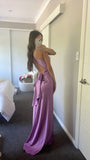 Elegant Lilac Halter Dress V-neck Sleeveless Satin Formal Dress Prom Dress Evening Dress HZ1024