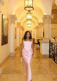 Elegant Mermaid Pink Strapless Satin Long Ball Gown Evening Dress HZ1024