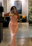 Elegant Mermaid Pink Strapless Satin Long Ball Gown Evening Dress HZ1024