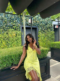 Gorgeous Yellow Strapless Lace High-Low Ball Gown Evening Dress HZ1024