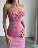 Off-the-shoulder Sleeveless Pink 3D Flower Pleated Mini Ball Gown Evening Dress HZ1024