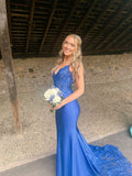 Spaghetti Strap Lace Sleeveless Backless Satin Long Formal Mermaid Ball Gown Bridesmaids HZ1024