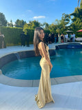 Elegant Champagne Straps Sweetheart Neck Backless Satin Formal Long Prom Dress Bridesmaid Dress HZ1024