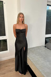 Spaghetti Strap Satin Sleeveless Slit Ankle-Length Prom Dress Bridesmaid Dress HZ1024