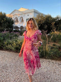 Printed Pink Strap Ruffle Chiffon Tea Length Ball Gown Party Dress HZ1024