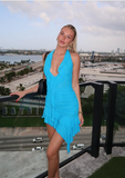 Sexy Blue Chiffon Low Neck Ruffle Backless Short Prom Gown Party Dress HZ1024