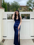 Navy Spaghetti Strap V Neck Satin Slit Formal Long Prom Dress Bridesmaid Dress HZ1024