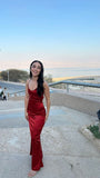 Simple Spaghetti Strap Burgundy Satin Long Mermaid Formal Prom Dress Evening Gown HZ1024