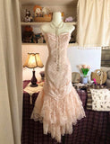 Sweetheart Pink Strapless Satin Bow Lace Long Prom Dress Evening Gown HZ1024