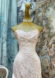 Sweetheart Pink Strapless Satin Bow Lace Long Prom Dress Evening Gown HZ1024