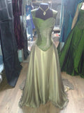Vintage Strap Green Satin A-Line Prom Dress Evening Dress HZ1024