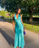 Simple Halter Neck Sleeveless Satin Mermaid Ball Gown Evening Dress HZ1024