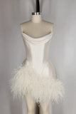 Elegant White Satin Off Shoulder Feather A-Line Mini Party Dress Homecoming Dress HZ1024