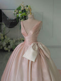 Gradient pink V-neck satin bow-tie A-line prom dress evening dress HZ1024