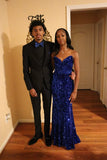 Shiny Sapphire Blue Sweetheart Neck Strapless Sequin Slit Prom Dress Evening Dress HZ1024