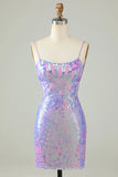 Chic Light Purple Sequin Lace-up Design A-line Spaghetti Strap Homecoming Dress HZ1024