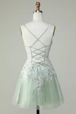 Gorgeous Light Green Appliqued Tulle Design A-line Spaghetti Strap Homecoming Dress HZ1024