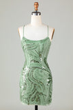 Chic Green Sequin Lace-up Design A-line Spaghetti Strap Tight Homecoming Dress HZ1024