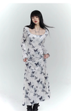 New Fashion Butterfly Pattern Design Sense White Long-sleeved Dress HZ1024