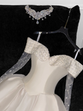 Elegant Ivory Off-the-shoulder Simple Design A-Line Satin Short Homecoming Dress Party Dress HZ1024