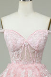 Vintage Pink Floral Embroidery Design A-line Off-the-shoulder Tiered Homecoming Dress HZ1024