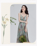 Vintage Fashion Floral Print Design Long-sleeved Cardigan A-line Long Spaghetti Strap Dress HZ1024