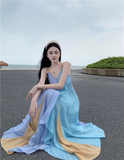 Simple Multi-color Splicing Design A-Line Casual V-neck Spaghetti Strap Dress HZ1024