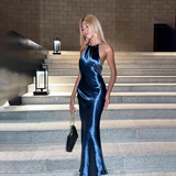 Elegant Shiny Satin Prom Dress Halter-neck Evening Gown Sheath Party Dress Long Formal Dress HZ1024