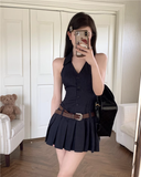 Simple Navy Blue Striped Design V-neck A-line Halter Dress HZ1024