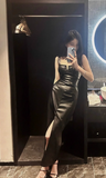 Simple Black Split Dress Design A-line Sleeveless Spaghetti Strap Leather Dress HZ1024