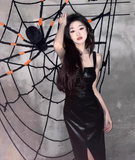 Simple Black Split Dress Design A-line Sleeveless Spaghetti Strap Leather Dress HZ1024