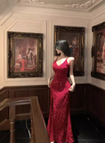 Vintage Sequins Design Wine Red A-Line Long Spaghetti Strap Dress HZ1024