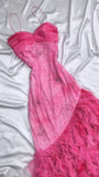 Vintage Hot Pink Sweetheart A-Line Prom Dress Beaded Ruffle Chiffon Spaghetti Strap Formal Dress HZ1024