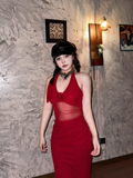 Women Simple Red Sexy Fashion Halter Dress HZ1024