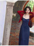 Simple Fashion Red Cardigan & Spaghetti Strap Denim Dress HZ1024
