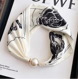 Vintage Floral Design Magnetic Buckle Pearl Soft Silk Scarf HZ1024