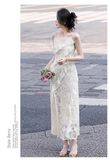 Vintage Fashion Beige Irregular Ruffled Hem Design Elegant A-line Spaghetti Strap Dress HZ1024
