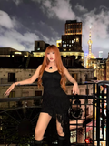 Fashion Black Irregular Ruffled Lace Hem Dress A-line Sleeveless Spaghetti Strap Dress HZ1024