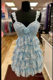 Vintage Light Blue Sequined Beaded Design Sleeveless Tiered Homecoming Dress HZ1024