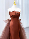 Mermaid Satin Tulle Long Prom Dress, Brown Strapless Evening Party Dress HZ1024