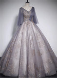 Beautiful Tulle V-neckline Long Formal Dress, Tulle Lace Applique Party Dress HZ1024