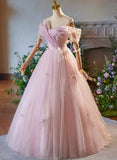 Pink Off Shoulder Tulle Long Formal Dress, Pink A-line Prom Dress HZ1024