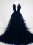 A-line Navy Blue Tulle with Lace Long Evening Dress, Navy Blue Prom Dress HZ1024