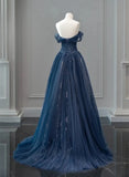 Navy Blue Sweetheart Off Shoulder Tulle Prom Dress, A-line Tulle Formal Dress HZ1024