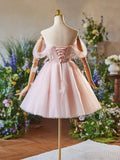 Pink Tulle Knee Length A-Line Party Dress, Lovely Off the Shoulder Prom Dress HZ1024