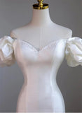 White Satin Sweetheart Beaded Wedding Party Dress, White Satin High Low Formal Dress HZ1024